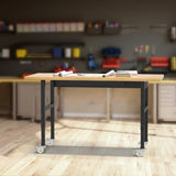 60" Heavy-Duty Adjustable Workbench, Rubber Wood Garage Workbench with Drawers, 2500 LBS Load Capacity Work Bench with Power Outlets and Wheels for Garage, Workshop, Office, Home Xalvora
