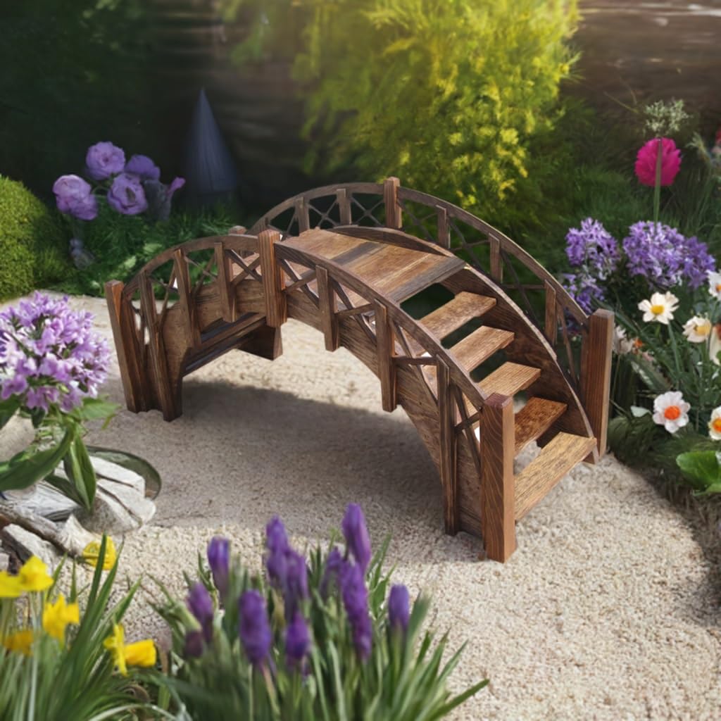 SamsGazebos Fairy Tale Garden Bridge with Decorative Lattice Railings and Steps, 33" L, Unfinished - WoodArtSupply