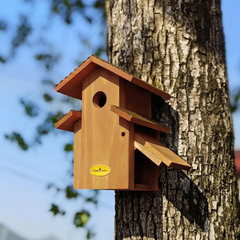 Cedar Comfy Mansion Bluebird House for Outside,2 Layers Metal Roof Water Proof, Outdoor Lifetime Durability Solid Cedar Wood Bird House for Pole, Secure Latch, Updated 1.5" Hole Size CEDAR ALPHA