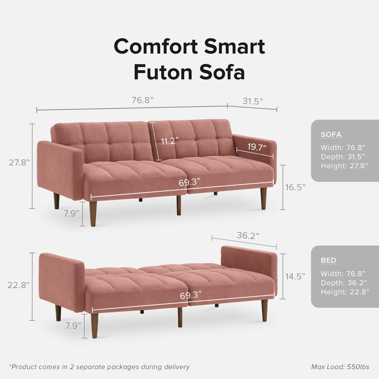 mopio Aaron Couch, Small Sofa, Futon, Sofa Bed, Sleeper Sofa, Loveseat, Mid Century Modern Futon Couch, Sofa Cama, Couches for Living Room, Bedroom (Old Rosa, Velvet) mopio