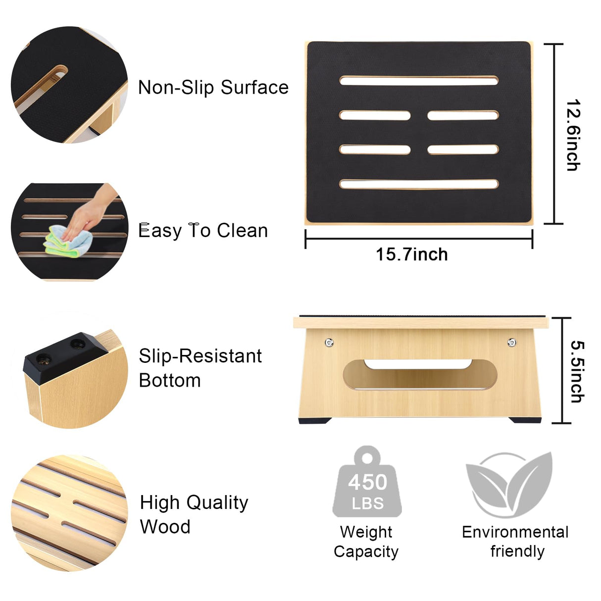 Wooden Step Stool for Kids with Non-Slip Rubber Feet Step, Heavy Duty Platform Stepping Stools for children with 450 LBS Capacity for Bedroom Kitchen Bathroom, Bed Steps for High Beds, Bedside Support Natree