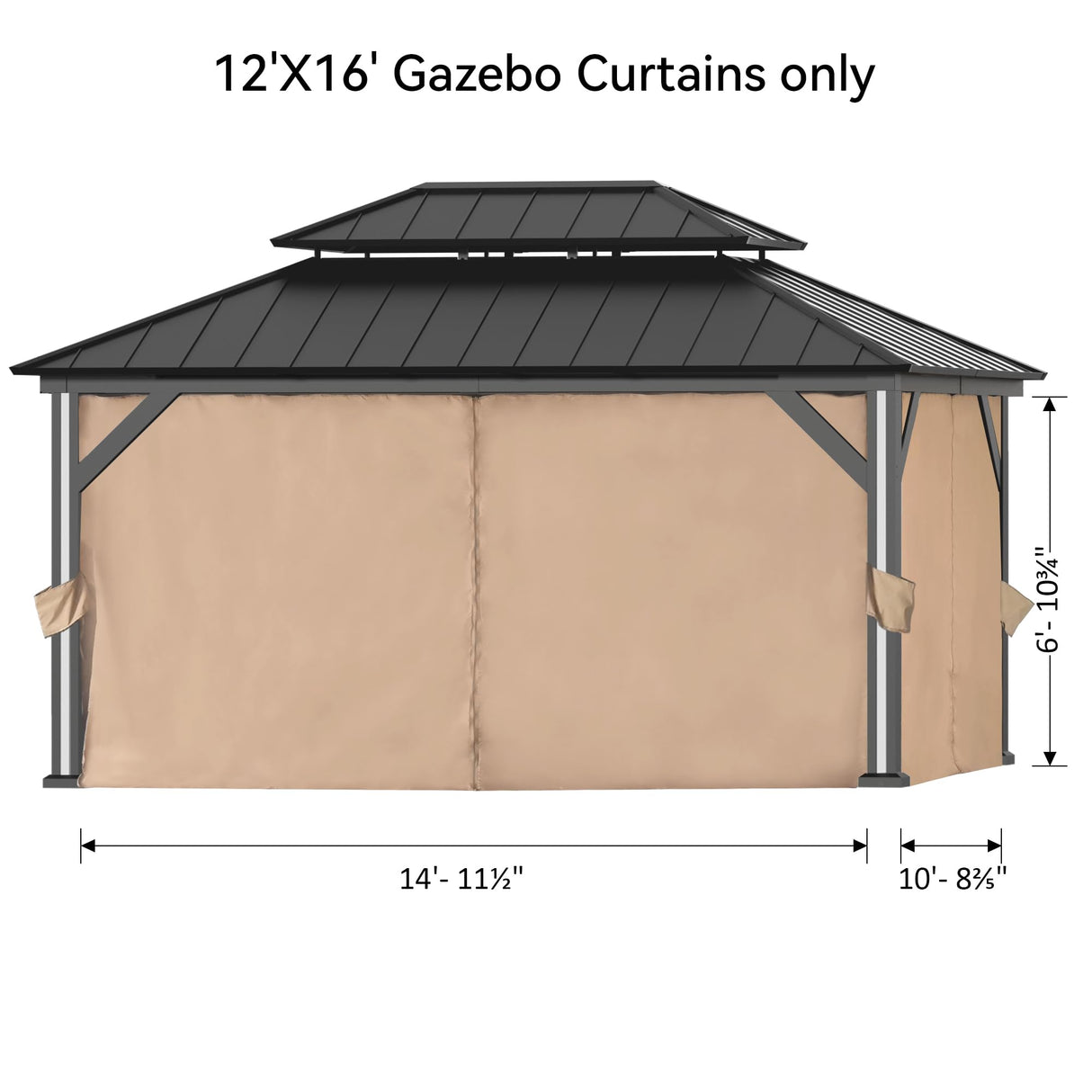Covered Outdoor Gazebo Curtain Replacement Universal 4-Panel Sidewalls 12' x 16', Outdoor Gazebo Privacy Curtains with Zipper, Replacement for Outdoor, Patio Canopy, Garden and Backyard (Curtain Only) Covered Outdoor