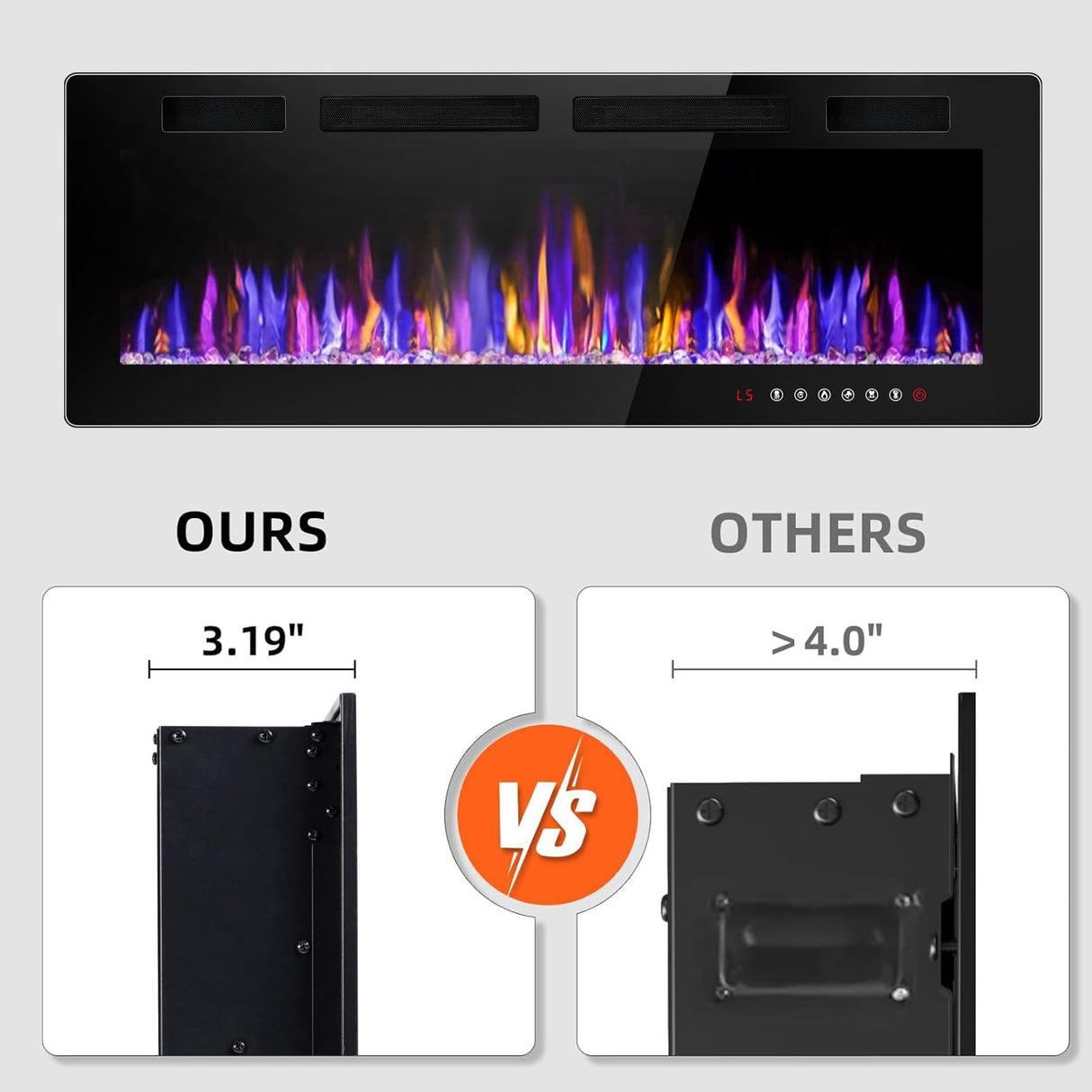 VENDORZ Electric Fireplace 50 Inch Recessed and Wall Mounted, Ultra-Thin Inserts Electric Fireplace Heater with Remote Control, Timer, Adjustable Flame Colors Speed Brightness, Log & Crystal Options VENDORZ