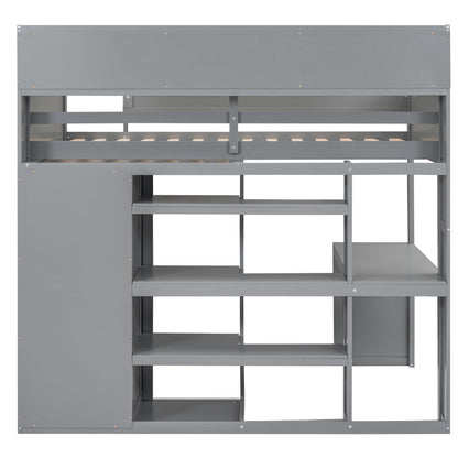 Bekeknlny Modern Twin Size Loft Bed with Built-in Desk,Wood Loft Bed with Multiple Storage Shelves and Wardrobe for Bedroom (Grey/Built-in Desk, Twin)