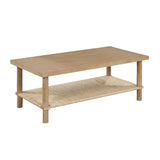 Nathan James Beacon Bohemian Coffee Table with Storage, 2-Tier Rectangle Coffee Table with Solid Wood Legs and Seagrass Shelf, Light Brown Nathan James