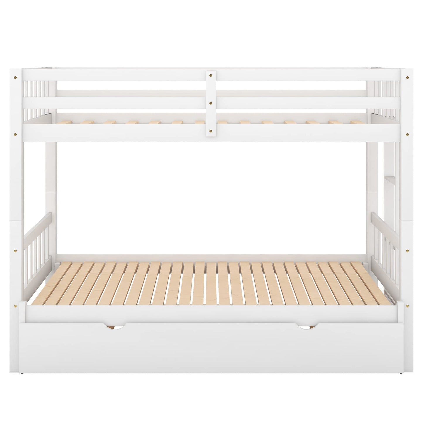 Twin Over Double Twin Bunk Bed with Trundle, Down Bed can Expanded from Twin to King, Pull-Out Multi-Functional Bunk Bed, Wooden Bunk Bed with Ladder and Safety Rail, White