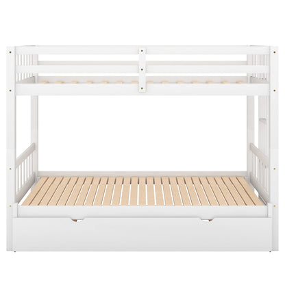 Twin Over Double Twin Bunk Bed with Trundle, Down Bed can Expanded from Twin to King, Pull-Out Multi-Functional Bunk Bed, Wooden Bunk Bed with Ladder and Safety Rail, White