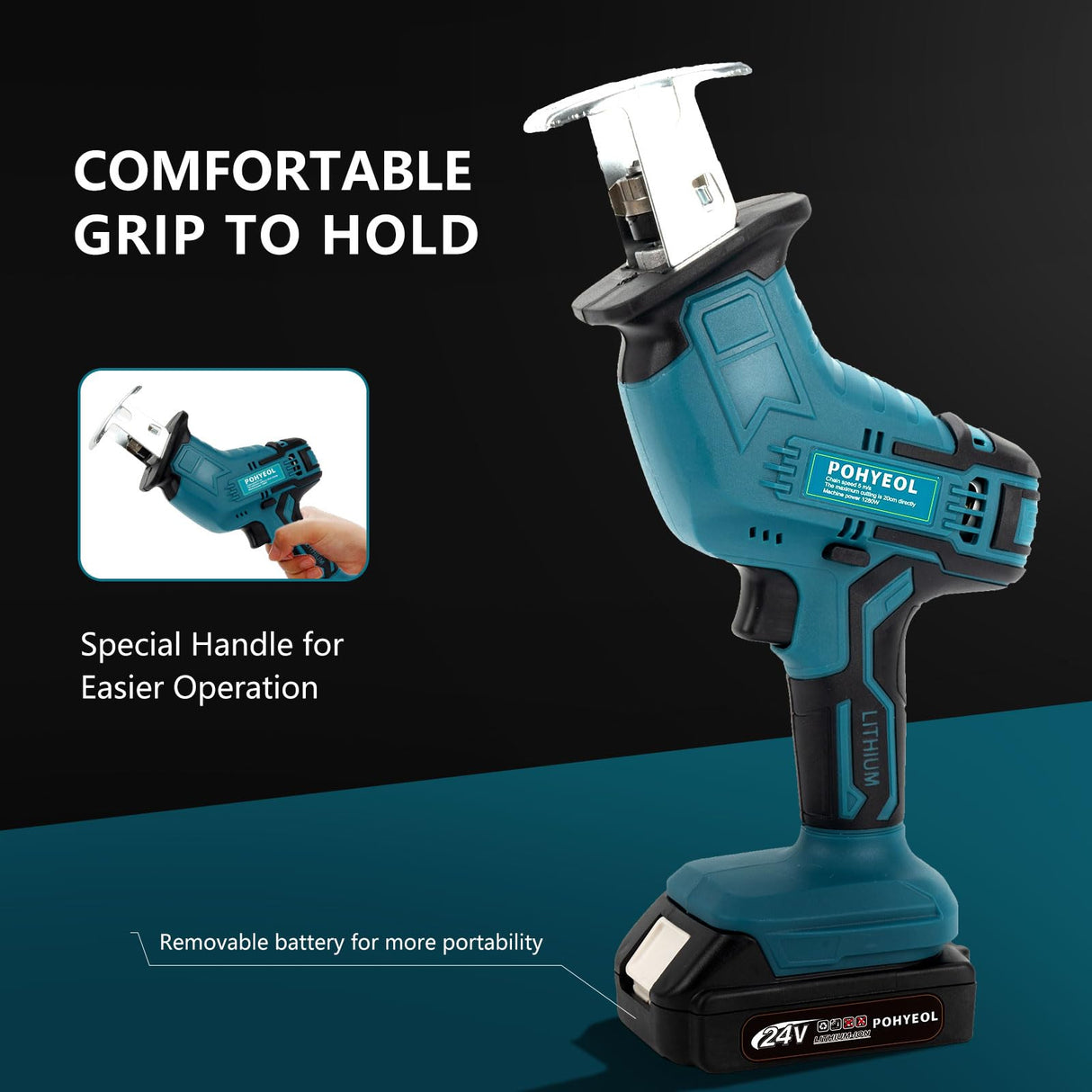 POHYEOL 24V MAX Cordless One-Handed Reciprocating Saw for Wood & Metal Cutting, Variable Speed,4 Saw Tool-Free Blade Change POHYEOL