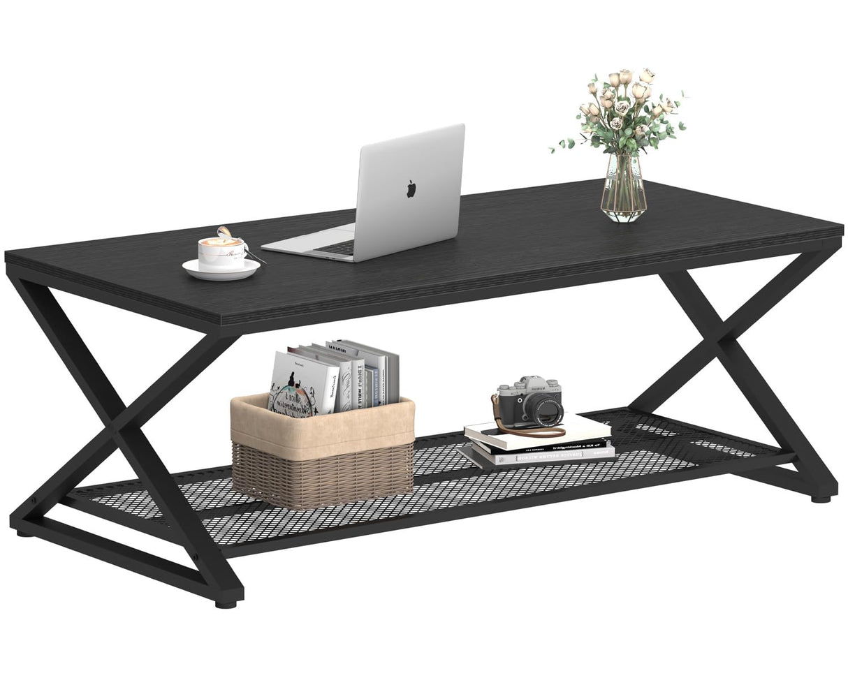 LVB Black Coffee Table, Wood Metal 2 Tier Center Tables with Storage Shelf, Modern Rectangular Concrete Tea Table for Living Room, Wooden Middle Cocktail Table for Office Bedroom, 47 inch, Black Oak LVB