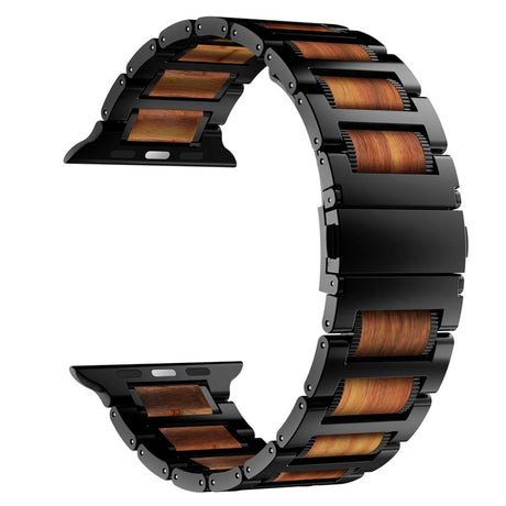 iiteeology Compatible with Apple Watch Band, Natural Wooden Steel Link Bracelet for iWatch Ultra 2/ Ultra/Series 1-10 49mm 46mm 45mm 44mm 42mm - Black iiteeology