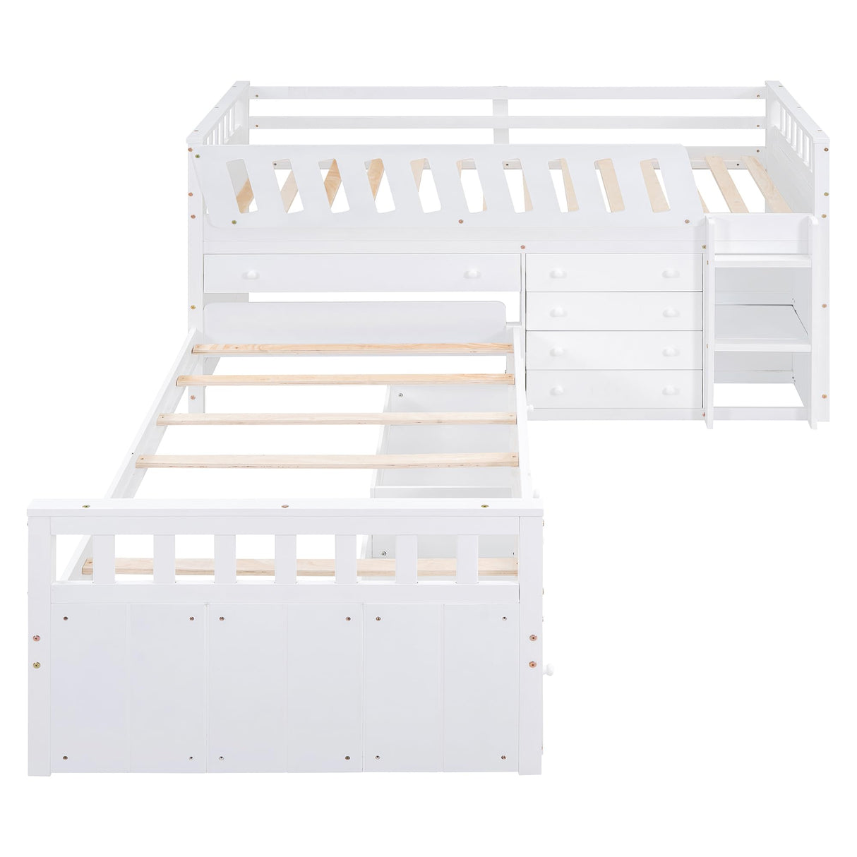 MERITLINE Twin Size Low Loft Bed and Twin Platform Bed Set, Solid Wood L-Shaped Kids Beds Frame with 7 Storage Drawers and Full Guardrails, Space-Saving 2 Beds for Girls Boys,White MERITLINE