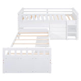 MERITLINE Twin Size Low Loft Bed and Twin Platform Bed Set, Solid Wood L-Shaped Kids Beds Frame with 7 Storage Drawers and Full Guardrails, Space-Saving 2 Beds for Girls Boys,White MERITLINE