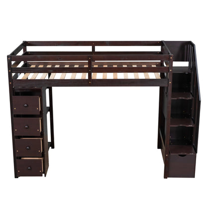 Twin Loft Bed with Stairs and Storage by Harper & Bright Designs - Solid Wood Frame in Espresso