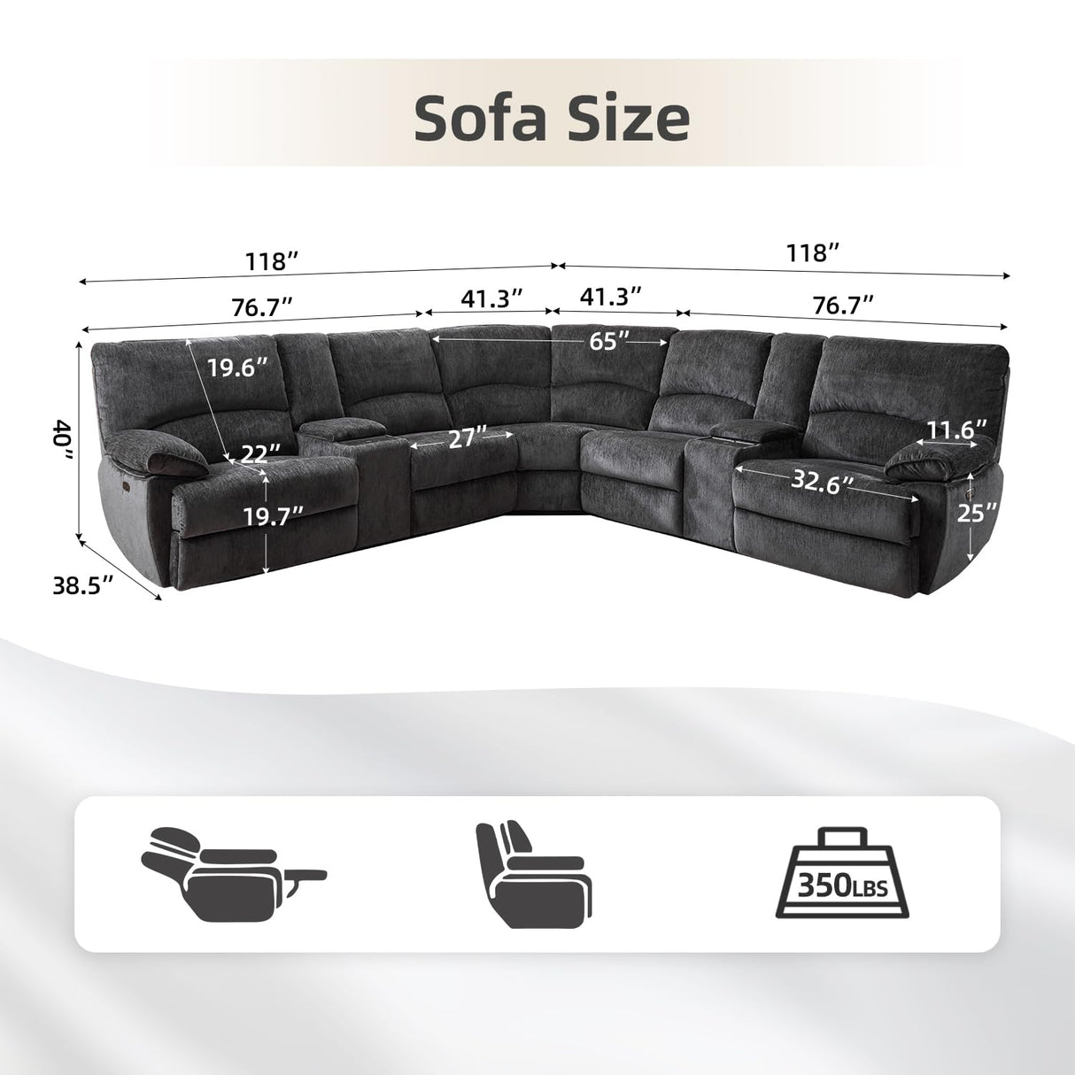 Oversized Power Reclining Sectional Sofa with Wireless Charging, Modern Electric Recliner 5 Seater Sofa, Family-Sized Sectional Corner Couch with USB Charging, Thickened Padding, Sturdy Frame, Grey TODRANI