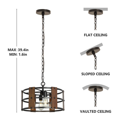 DLLT 4-Light Farmhouse Chandelier Light Fixtures Adjustable Height, Rustic Drum Pendant Light for Living Room, Dining Room, Bedroom, Foyers, Walnut Wood and Black Metal Finish, E26 Base