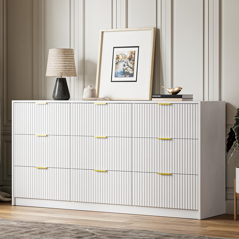 MAISONARIA White Dresser for Bedroom, 9 Drawer Double Dresser, Modern Chest of Drawers for Bedroom, Living Room, Entryway and Closet, 63" L x 15.7" D x 31.5" H MAISONARIA