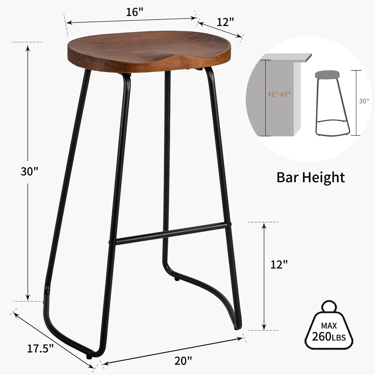 HeuGah Bar Stools Set of 3, Solid Wood Counter Height Bar Stools 30 Inch Saddle Seat Barstool Rustic Tall Bar Height Stool for Kitchen Island with Metal Leg (Walnut, 3 PCS 30Inch Barstool) HeuGah