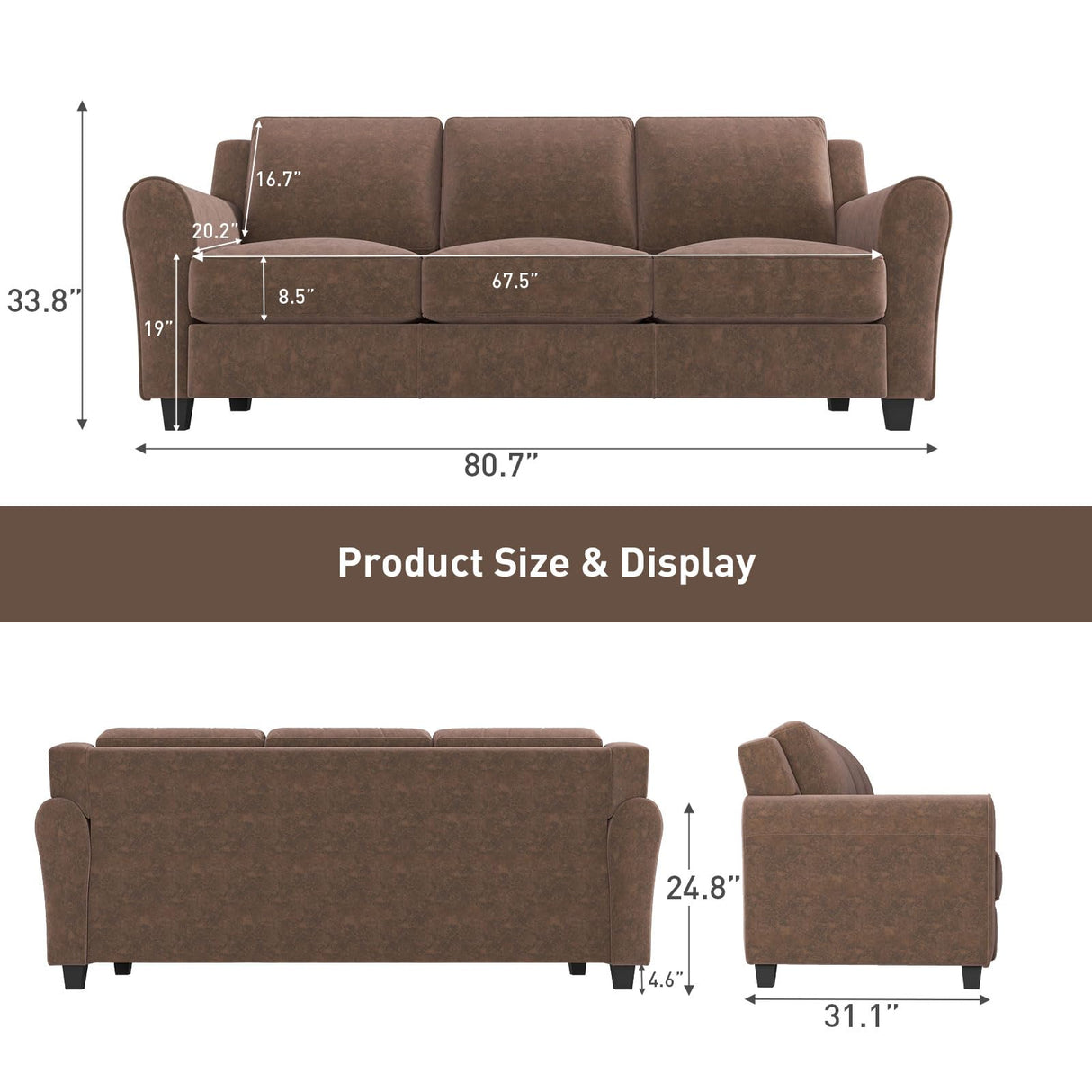 Bonzy Home 3 Seater Couch for Living Room, 80.7" Brown Sofa Couch, Modern Comfy Couch with Thick Cushion for Living Room Apartment Office Bonzy Home