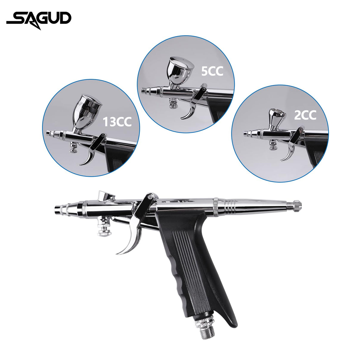 SAGUD Airbrush Gun Set Single Action Air Brush Pen 0.3mm with Extra 0.5 0.8 mm Needles,Airbrush Hose and 2CC/5CC/13CC Cup Kit SAGUD