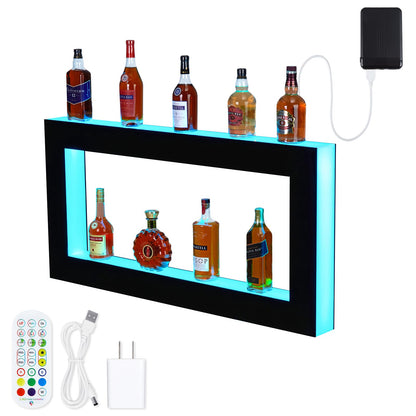 Takywep LED Lighted Liquor Bottle Shelf, Square 2-Tier 48 Inch Bar Bottle Display Shelf with Remote & App Control, 16 Colors, Wall Mounted Acrylic Liquor Shelf for Home Commercial Bar - WoodArtSupply