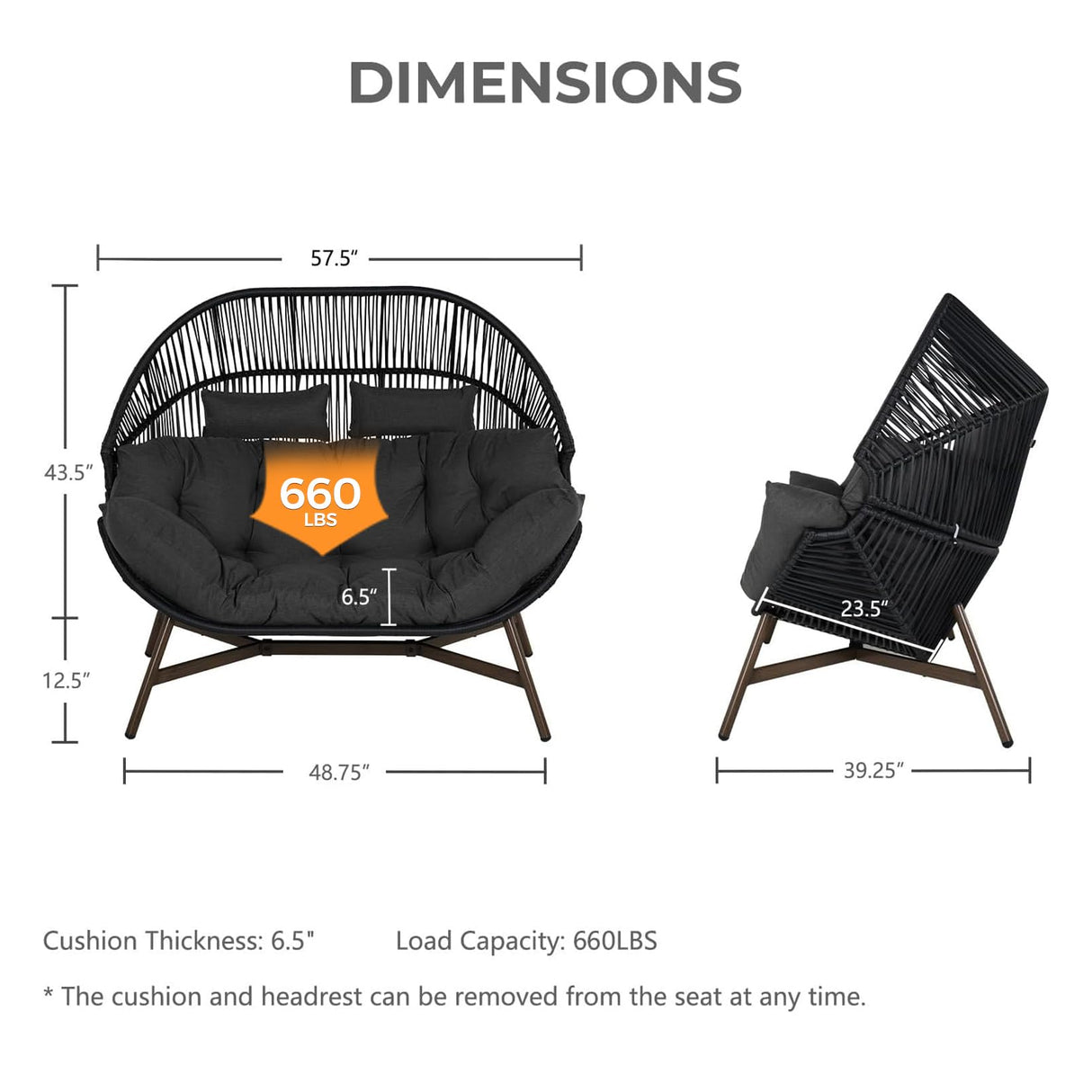 Grand patio Outdoor Modern 2-Seat Wicker Egg Chair with Cushion, Stationary Patio Loveseat Accent Chair, Grey Grand patio