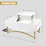 White and Gold Lift Top Coffee Table with Charging Station and LED Lights - 40" L×20" W×17" H Large Rectangle Marble Coffee Table Lift Top for Living Room, Glass & Marble-Pattern Tabletop, Metal Leg Caredear