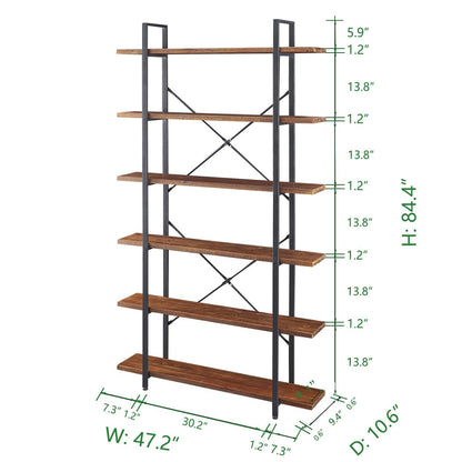 HSH Distressed Brown Solid Wood 6-Tier Industrial Bookcase with Sturdy Metal Frame - WoodArtSupply