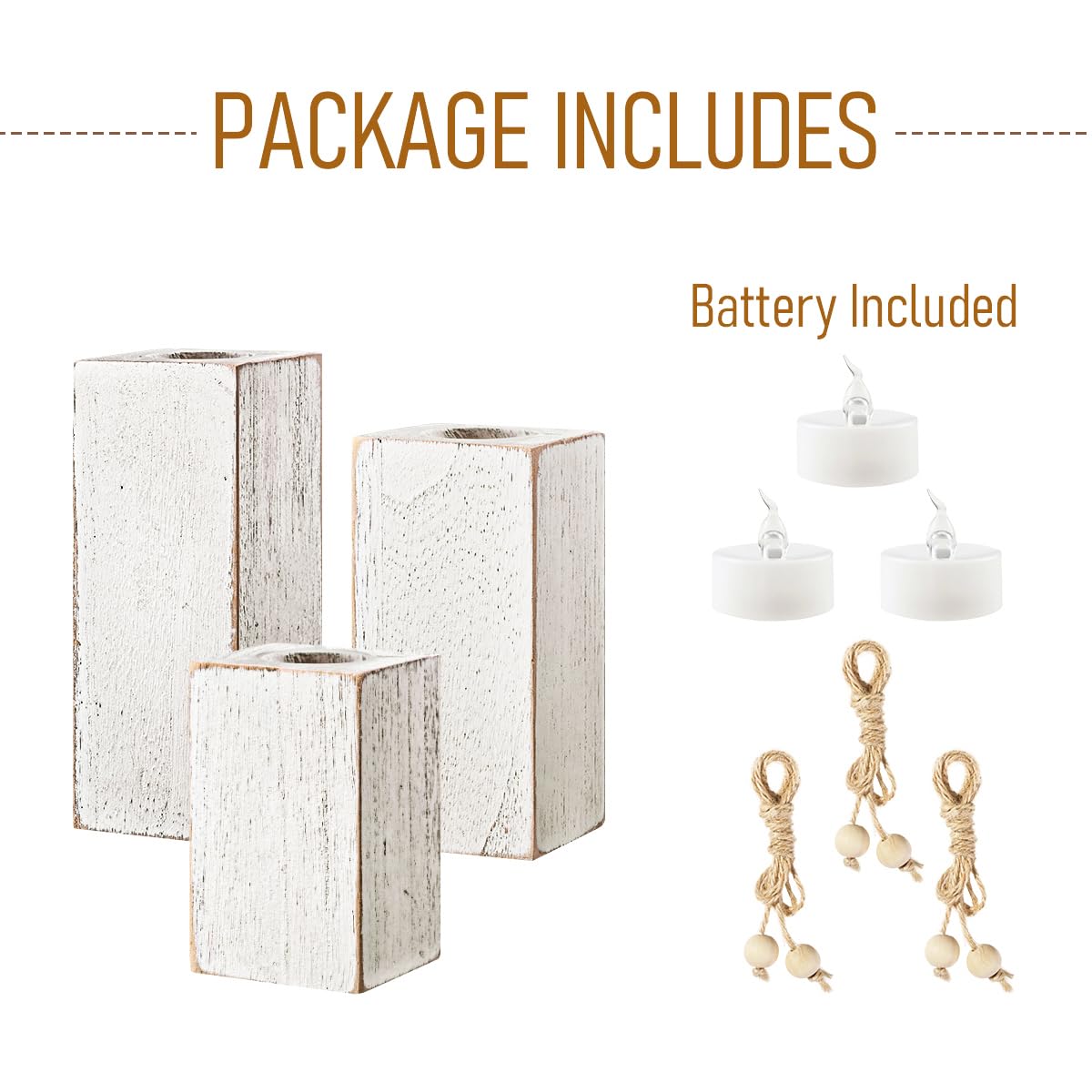 MelonBoat Rustic Flameless LED Candles 3-Pack, Battery Operated Candles with Wooden Candle Holders, White Rustic Farmhouse Decor, Farmhouse Candle Holder for Valentines Holiday Party Home Decor MelonBoat