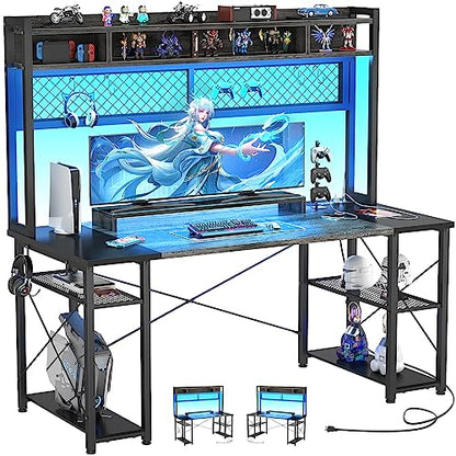 Armocity 2024 Premium Gaming Desk with Hutch and LED - 55.2'' Grey/Black Workstation with Charging Station and Pegboard - WoodArtSupply