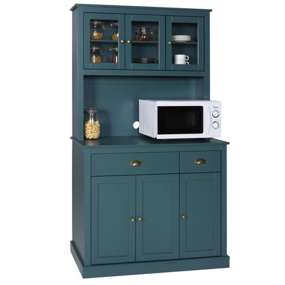 MUPATER Kitchen Pantry Storage Cabinet with Microwave Stand, 71'' Freestanding Hutch Cabinet with Buffet Cupboard, Drawers and Glass Doors for Home Office, Blue - WoodArtSupply