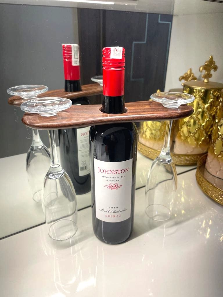 Frescorr - Wine Bottle & Glass Holder | Handmade Antique Wood(one of The World's Finest Wood) Stand for Wine for Two Glasses & Bottle (Dalbergia Sissoo) Frescorr