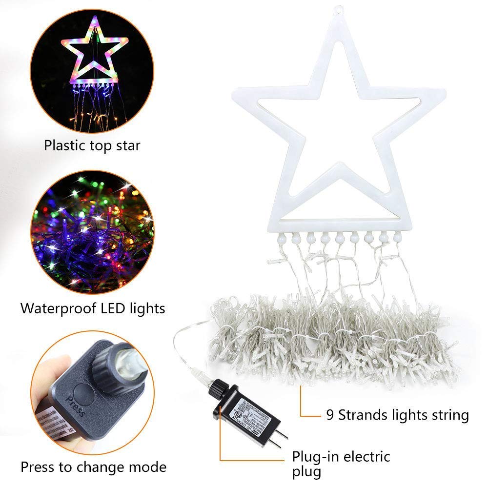 PUHONG Christmas Decoration Outdoor Star String Lights,16.4Ft Christmas Tree Toppers Lights 320 LED 8 Memory Modes with 14" Lighted Star for Halloween Christmas New Year Holiday Birthday PUHONG