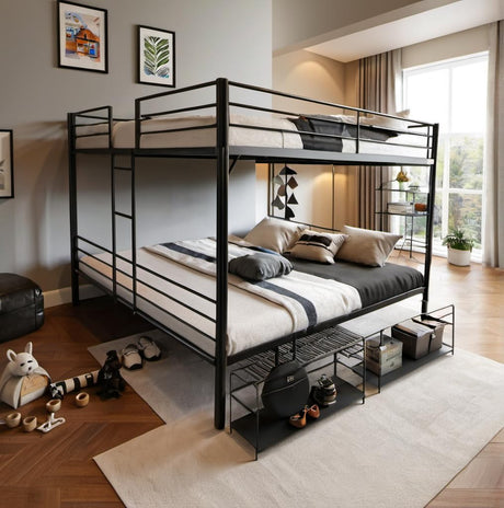 PVWIIK King Over King Bunk Bed with Storage Drawers and Ladder for Kids,Adult,Teenagers,Heavy Duty Metal Bunk Bed w/Full Length Guardrail for Dorm,Bedroom,Guest Room,No Box Spring Needed,Black PVWIIK