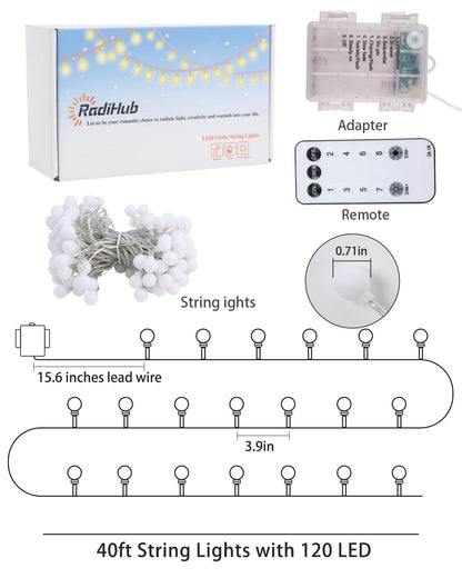 RadiHub Globe String Lights,Battery Operated Lights with Remote Timer Waterproof, 40FT 120LED 8 Modes Indoor Outdoor Fairy String Lights for Bedroom,Wedding,Tent,Camping,Party,Garden,Bar,Warm - WoodArtSupply