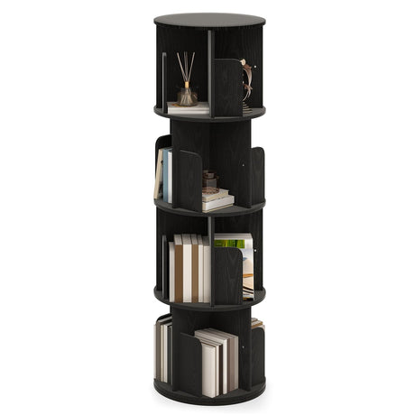 EROMMY Rotating Bookshelf, 4 Tier Spinning Bookshelf Tower, 360° Display Corner Round Bookcase for Small Space, Vertical Wood Narrow Book Shelf Organizer for Bedroom, Living Room, Black EROMMY