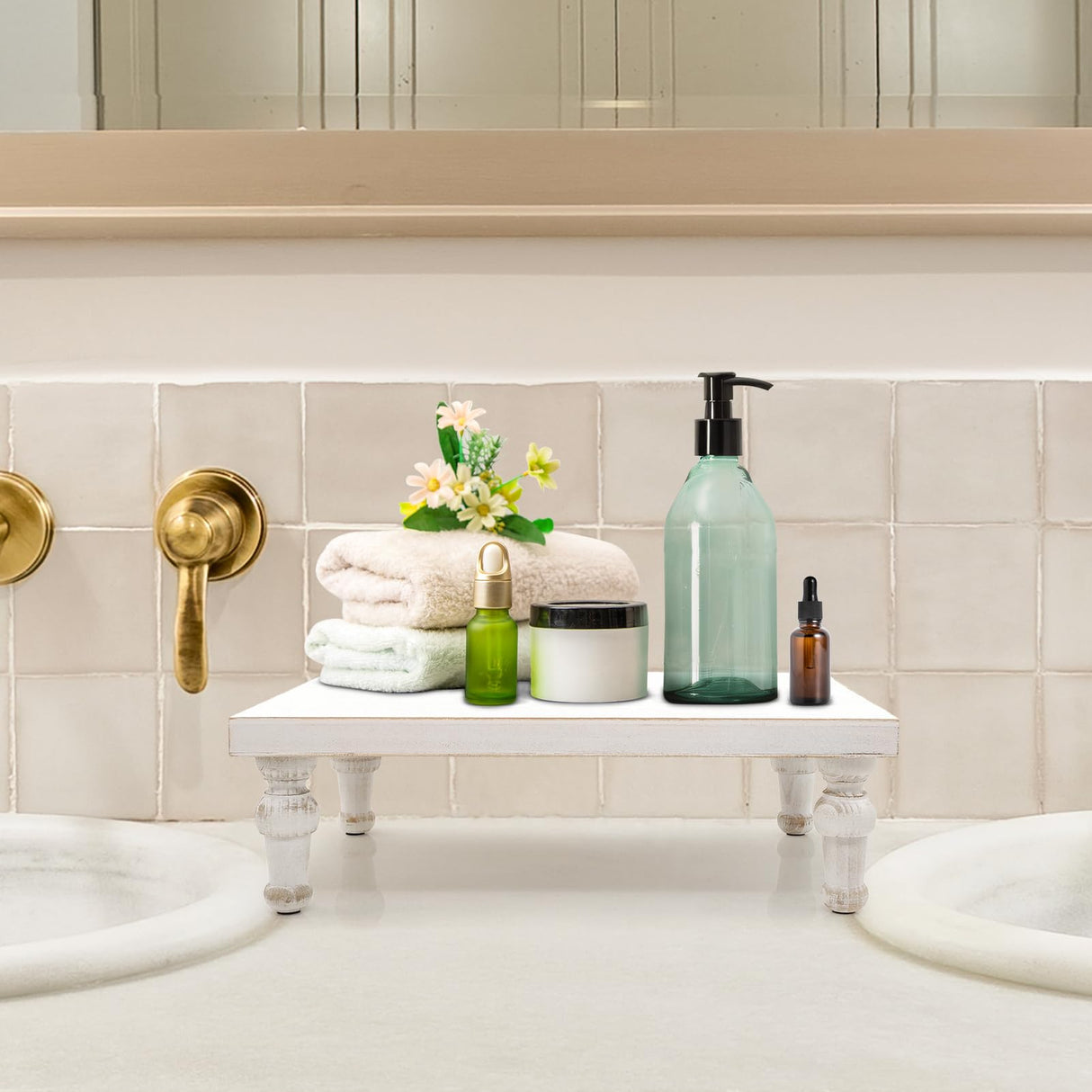 TOOLTENG 15.7" x 11.8" Wooden Riser Decorative Tray, Farmhouse Wood Pedestal Stand, Rustic Whitewashed Tray Riser Display Stand, Coffee Bar, Dining Room, Centerpiece, Kitchen, Bathroom Table Decor TOOLTENG