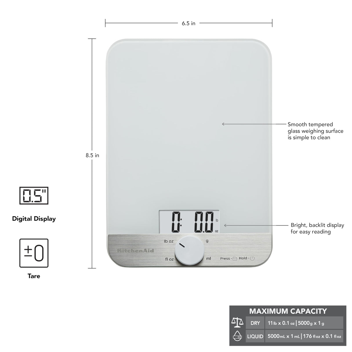 KitchenAid KQ908 Glass Surface 11 Pound Capacity Digital Kitchen and Food Scale, White KitchenAid