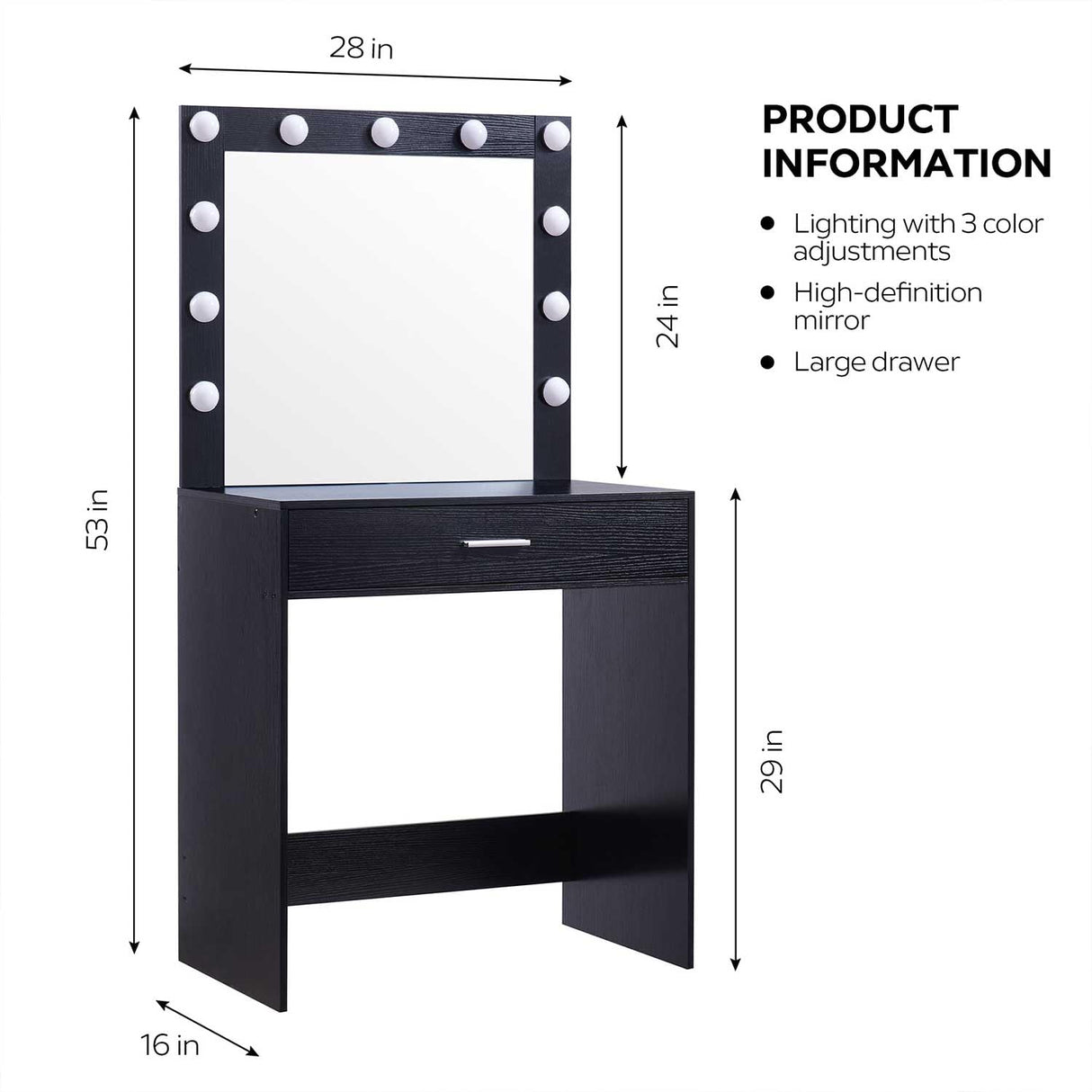 SRECELL Makeup Vanity Desk with Hollywood Mirror, Small Vanity Table with LED Lights & 1 Large Drawers, 3 Color Adjustable Makeup Mirror, Dressing Table for Bedroom, Dressing Room,Black SRECELL