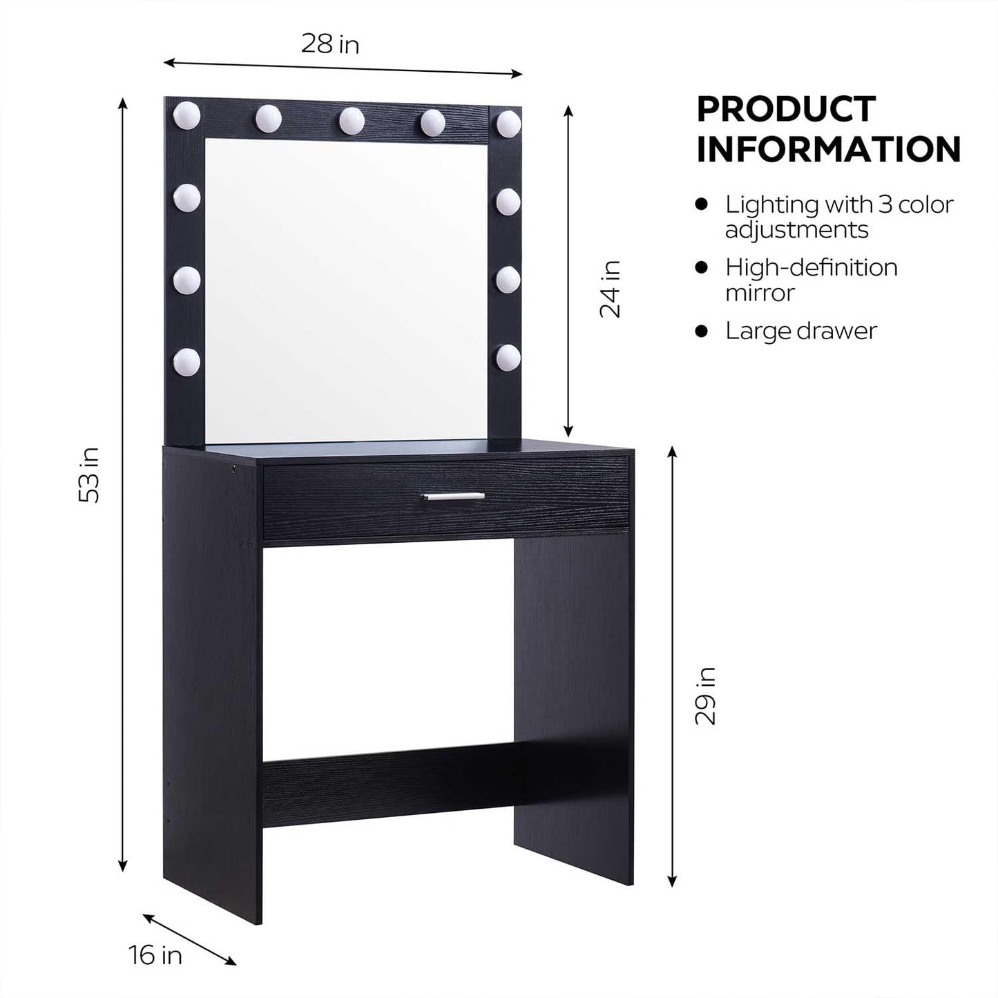 SRECELL Makeup Vanity Desk with Hollywood Mirror, Small Vanity Table with LED Lights & 1 Large Drawers, 3 Color Adjustable Makeup Mirror, Dressing Table for Bedroom, Dressing Room,Black