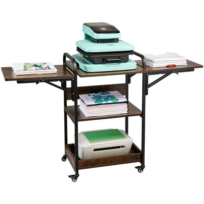 VEVOR 3 Tier Movable Heat Press Table with Charging Station, Foldable Heat Press Stand with Vinyl Roll Holder, Heavy Duty Rolling Metal Workbench for DIY Sublimation Transfer Machine and Printer