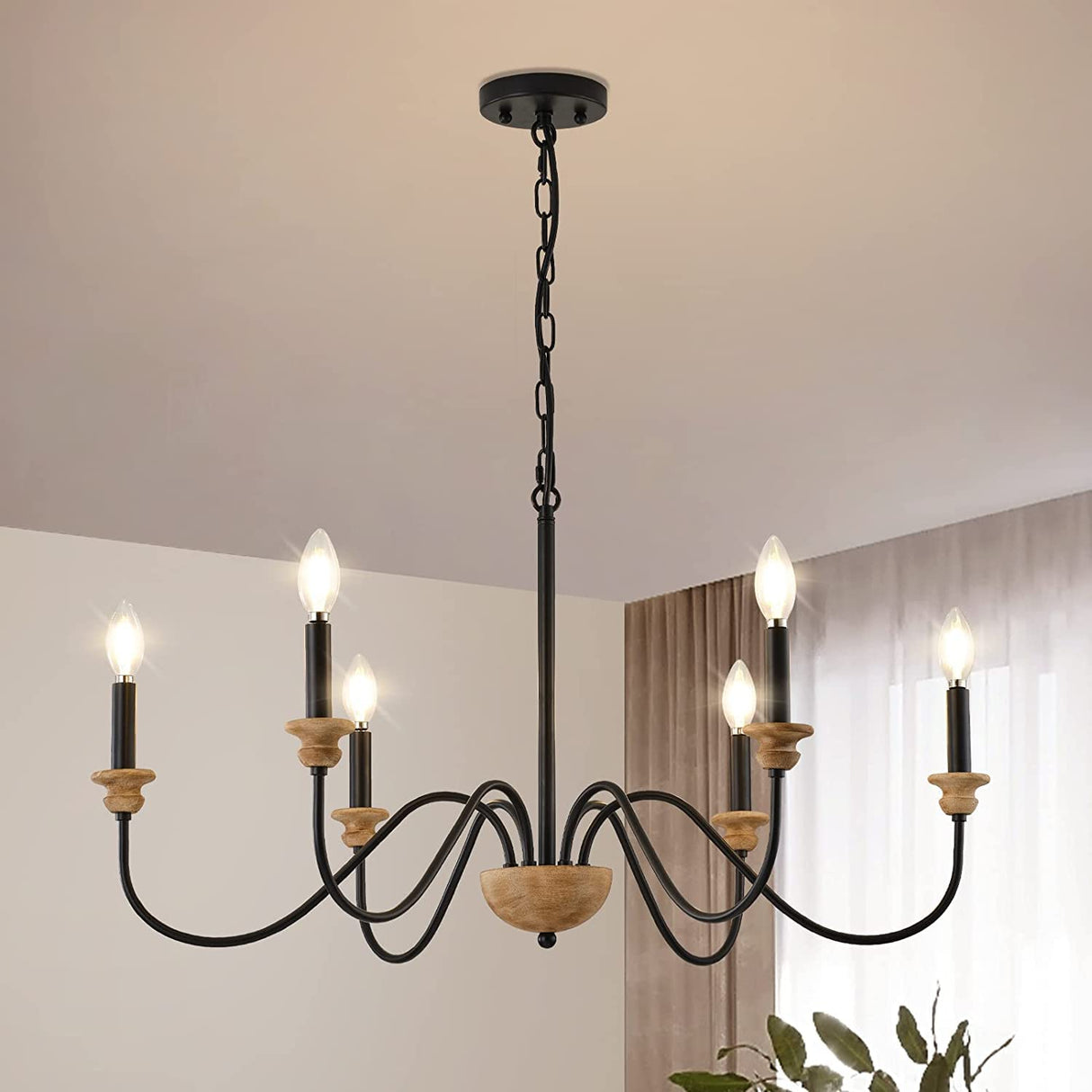 6-Light Wood Chandelier for Dining Room, Black Farmhouse Chandelier, Modern Light Fixtures Over Table, Rustic Candle Ceiling Chandelier for Living Room Bedroom Entryway Kitchen, 32.5" Diameter maesta