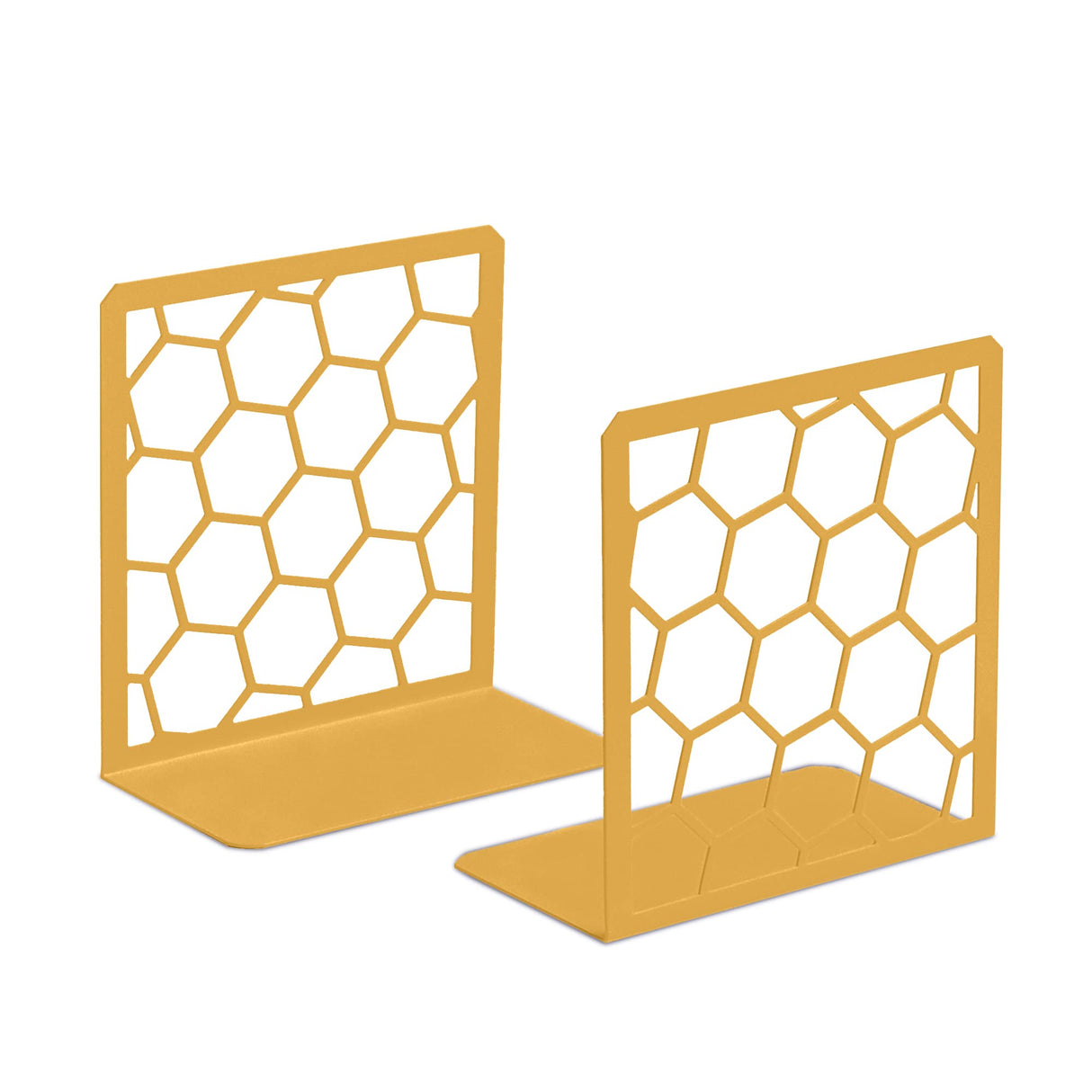 Premium Geometric Gold Honeycomb Bookends for Shelves, Metal Book Ends for Office, L-Shaped Book Stopper, Rustproof Bookends Decorative Unique for Home, 6.25 (L) x 6 (W) inches, 1 Pair - Geomod GEOMOD