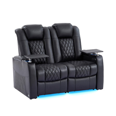comfiroom Home Theater Seating Seats Classic Series Top Grain Nappa Leather Loveseat Recliner Chairs Dual Power Movie Gaming Sofa Chair Electric Headrest with Tray Table (Black, Row of 2 Loveseat) comfiroom