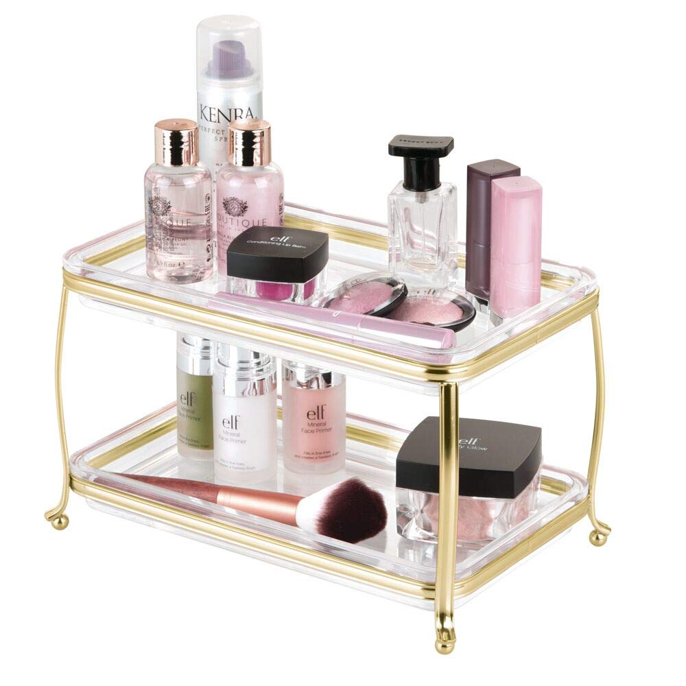 mDesign Decorative Makeup Storage Organizer Vanity Tray for Bathroom Counter Tops, 2 Levels to Hold Makeup Brushes, Eyeshadow Palettes, Lipstick, Perfume and Jewelry - Soft Brass/Clear mDesign