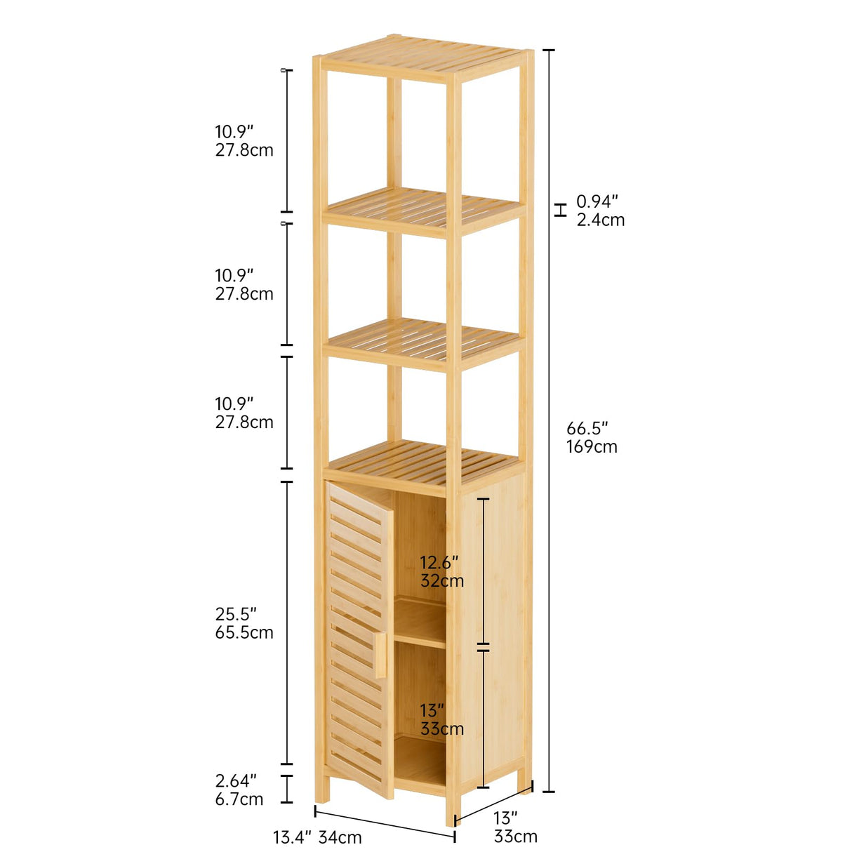 HITNET Bathroom Floor Cabinet, 6 Tier Tall Thin Linen Tower Storage Cabinet Free Standing Bamboo, Kitchen Side Organizer with 3 Shelves and Cupboard, Natural HITNET