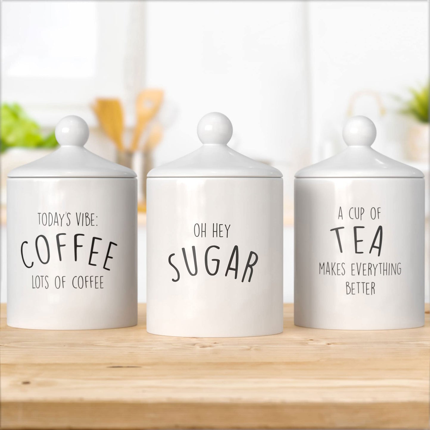 Barnyard Designs Canister Sets for Kitchen Counter, Decorative Coffee Tea Sugar Container Set, Rustic Farmhouse Canisters Ceramic Jar, White, Set of 3