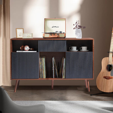 Record Player Stand, Double Wide Turntable Stand with Record Storage, Large Turntable Stand with Wood Legs, Mid-Century Modern Turntable Stand with Doors & Drawer, Record Player Table for Living Room affeivul