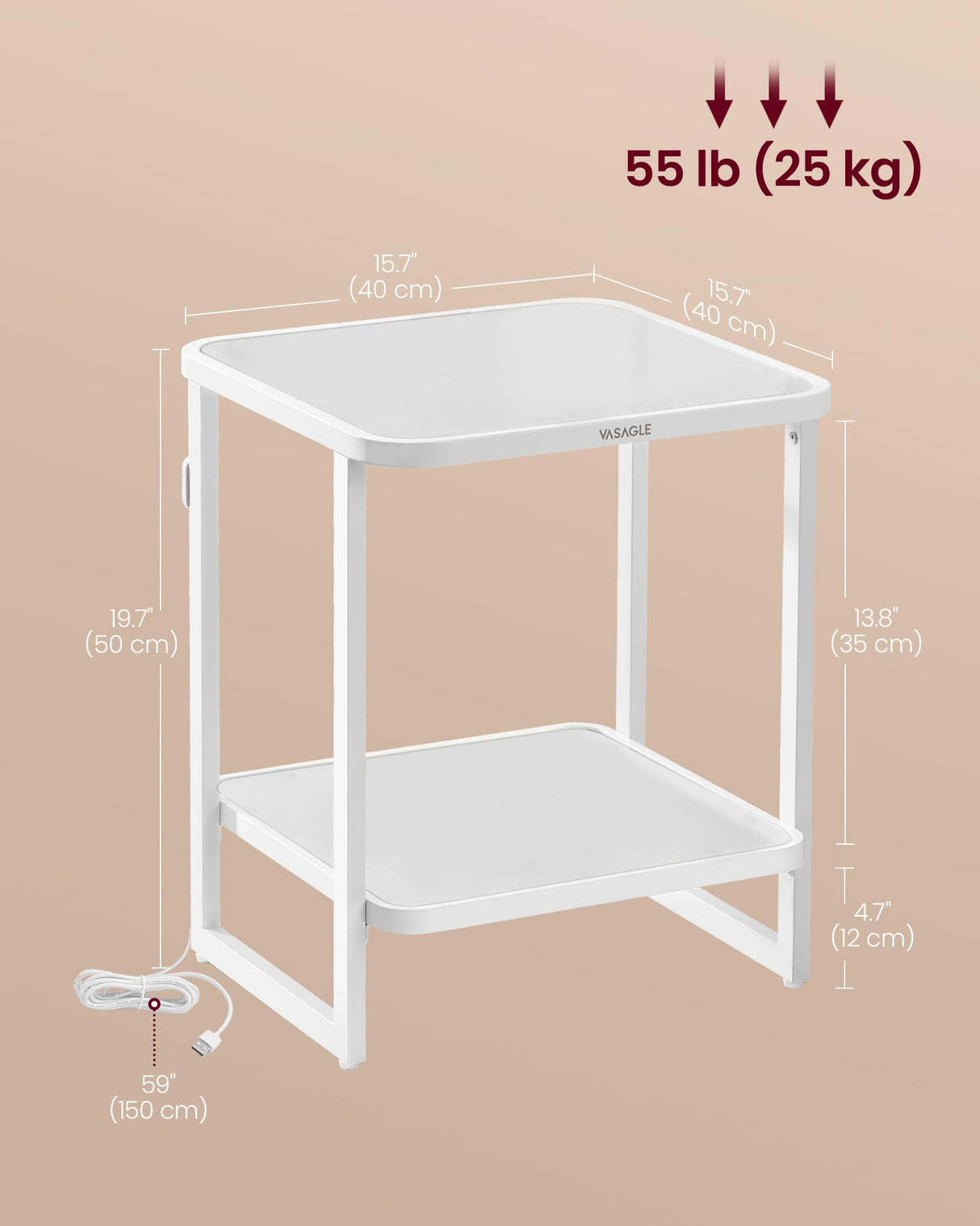 VASAGLE End Table, 2-Tier Side Table with LED Lights, Modern Nightstand, Square Bedside Table, Frosted Glass, Bottom Shelf, for Bedroom, Cloud White and Pearl White ULET232W01 VASAGLE