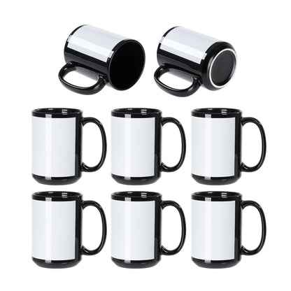 PYD Life 8 Pack Sublimation Coffee Mugs Blanks Black with White Patch 15 OZ Ceramic Photo Mugs Cups Bulk for Cricut Mug Press Print