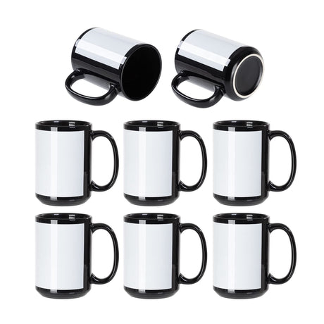 PYD Life 8 Pack Sublimation Coffee Mugs Blanks Black with White Patch 15 OZ Ceramic Photo Mugs Cups Bulk for Cricut Mug Press Print PYD Life